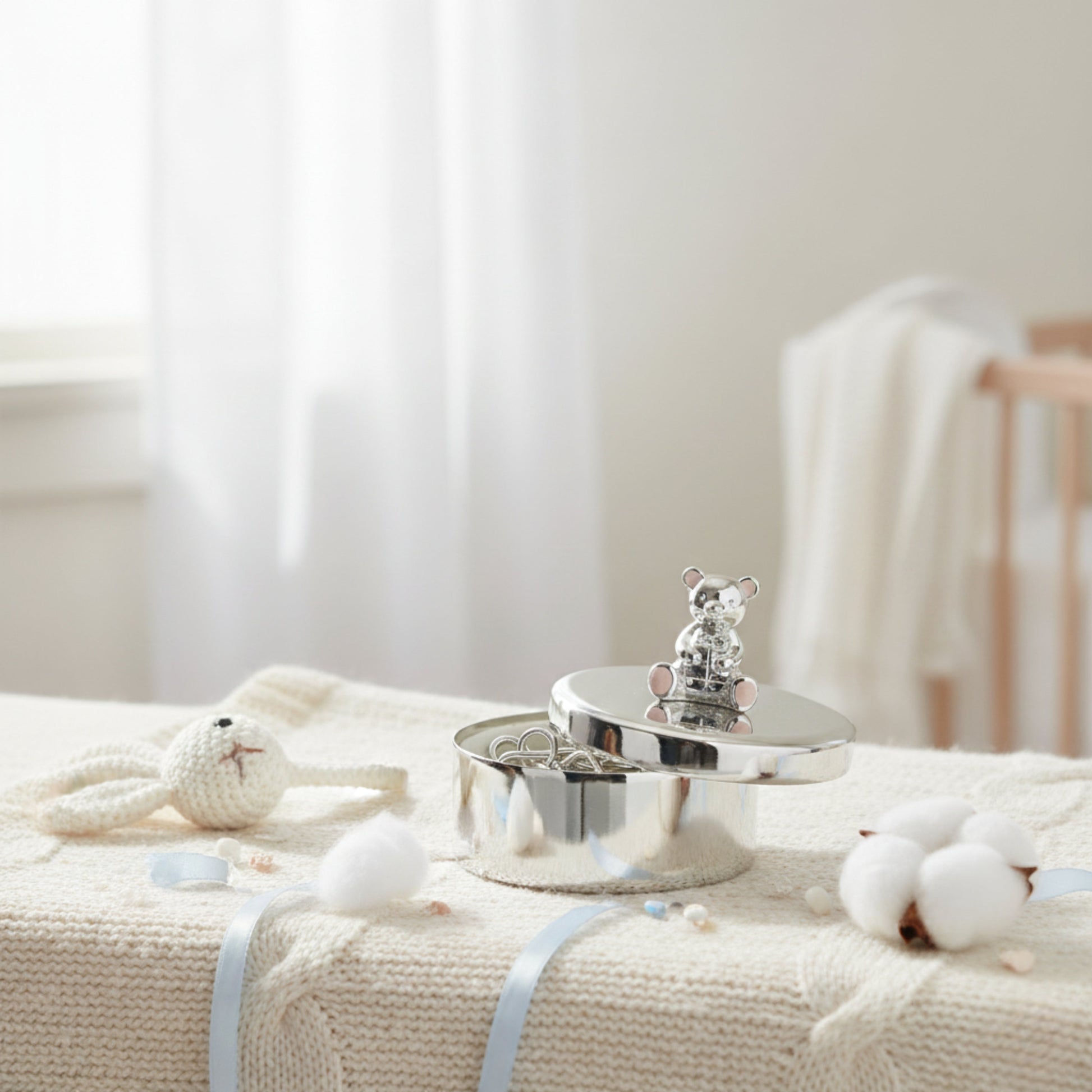 Silver baby keepsake trinket box with teddy bear design styled in nursery setting – perfect baby shower or christening gift