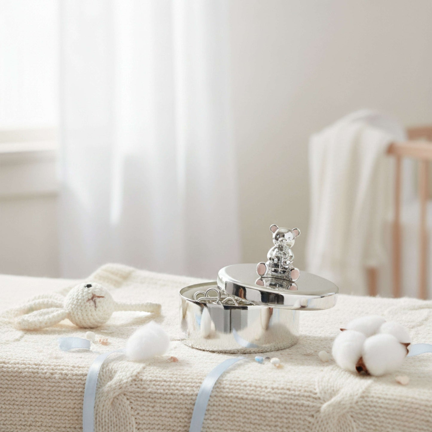 Silver baby keepsake trinket box with teddy bear design styled in nursery setting – perfect baby shower or christening gift