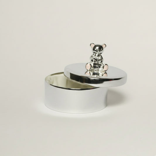 Silver baby trinket box with teddy bear lid – elegant keepsake box for baby’s first tooth, curl and newborn memories