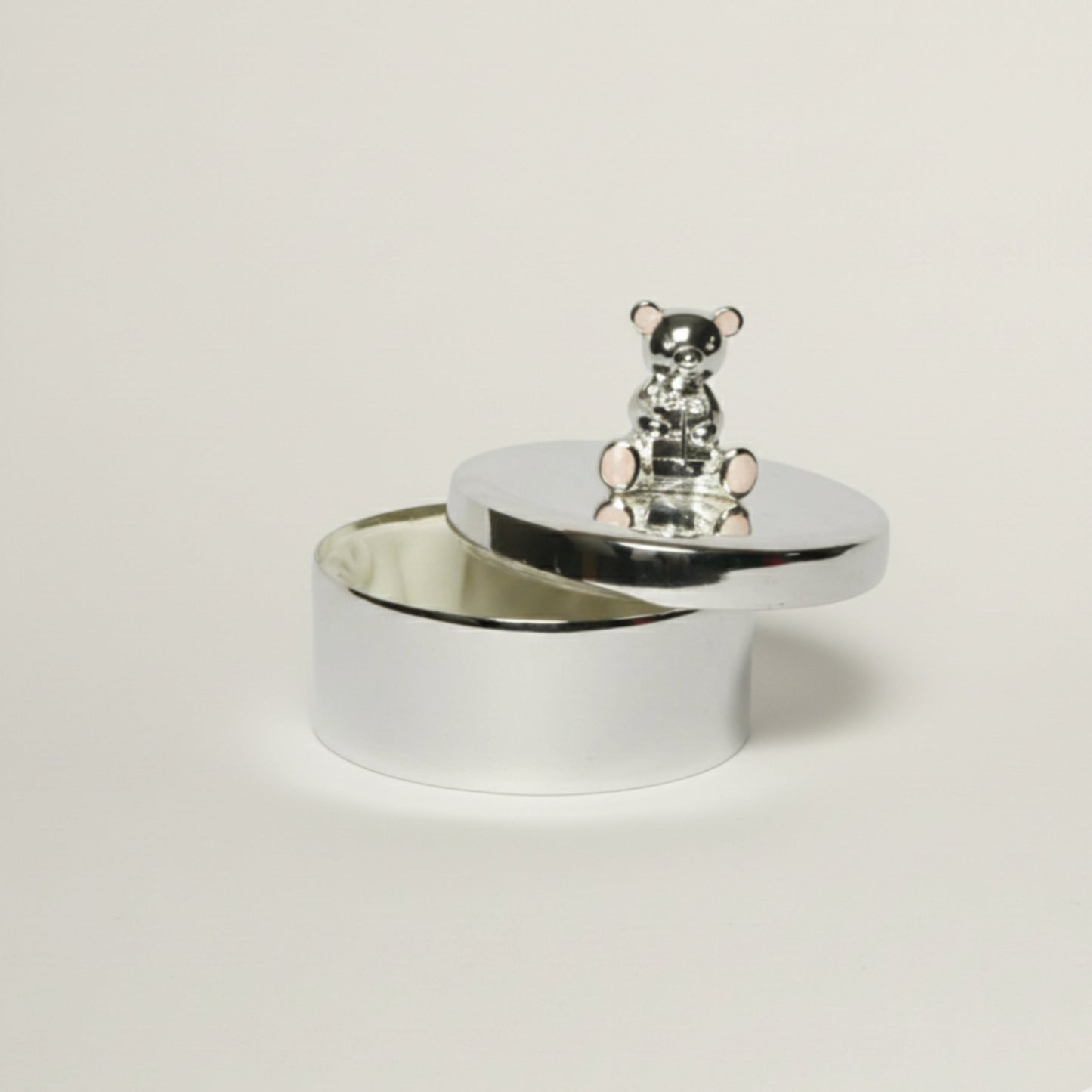 Silver baby trinket box with teddy bear lid – elegant keepsake box for baby’s first tooth, curl and newborn memories