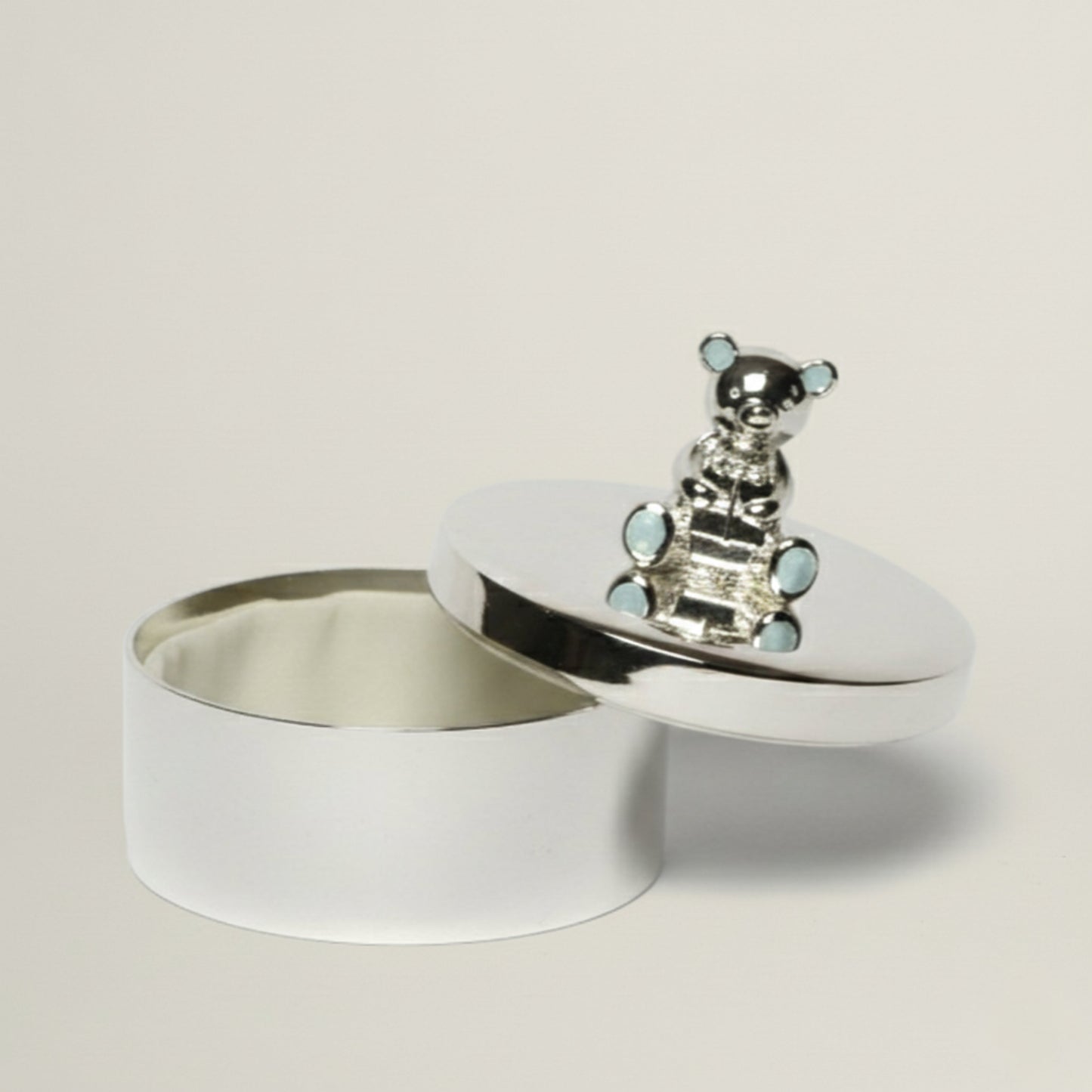Open silver baby trinket box with 3D teddy bear lid for storing baby keepsakes, first tooth and precious memories