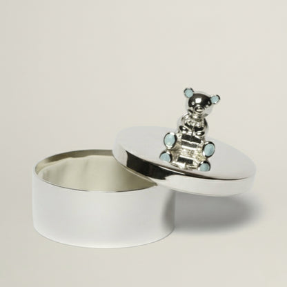 Open silver baby trinket box with 3D teddy bear lid for storing baby keepsakes, first tooth and precious memories
