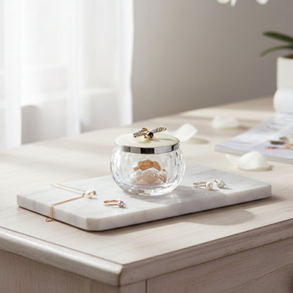 Luxury crystal trinket jar with sparkling bee lid, small glass jewelry organizer for rings, earrings, charms and keepsake storage