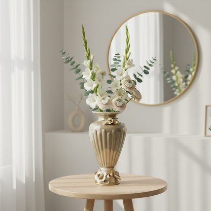 Venezia Murano-style glass vase styled as a luxury decorative accent in an elegant home décor mood shoot by Fleur De Lis