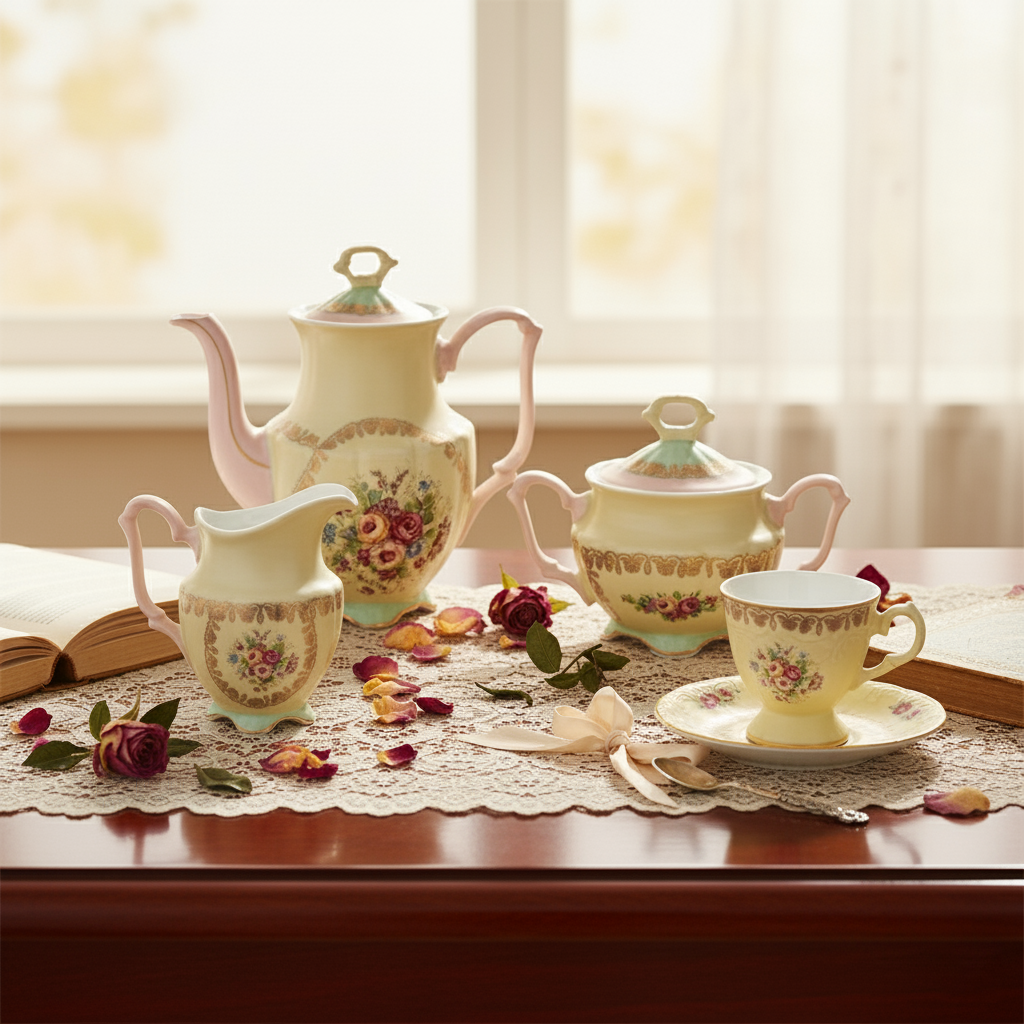 Vintage-inspired ceramic tea set with delicate floral detailing, styled on a lace runner for an elegant afternoon tea setting.
