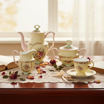 Vintage-inspired ceramic tea set with delicate floral detailing, styled on a lace runner for an elegant afternoon tea setting.