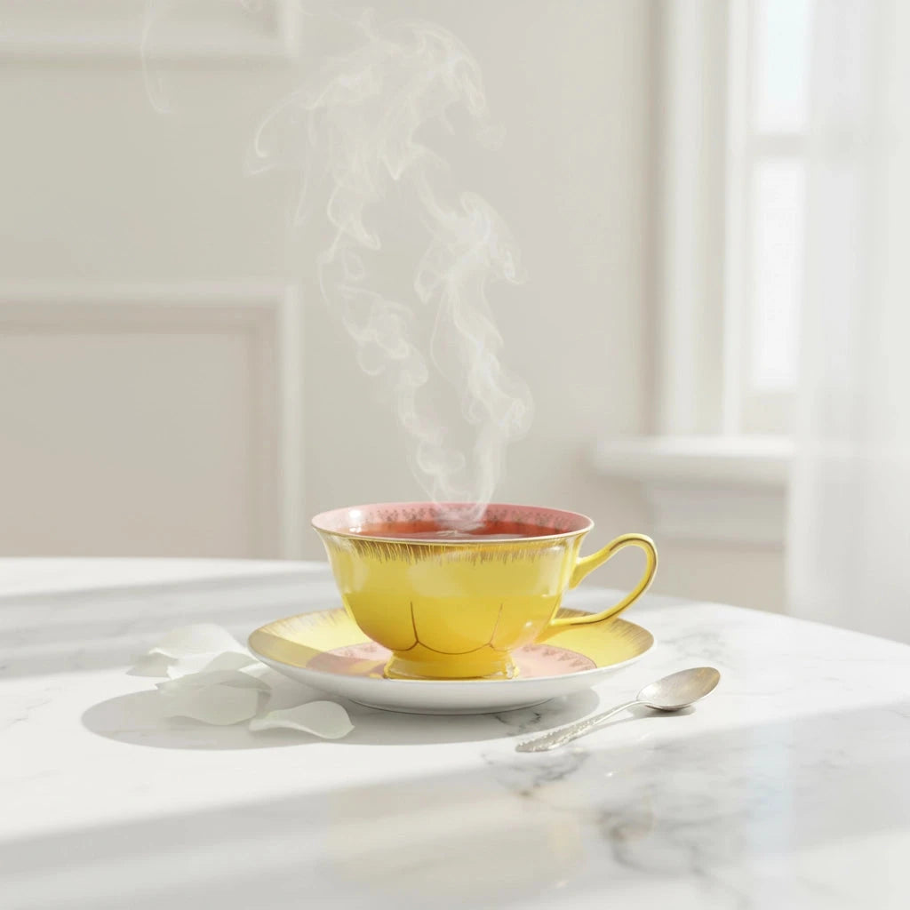 Yellow ceramic coffee cup with delicate gold accents, styled with rising steam on a marble tabletop for a refined tea moment.